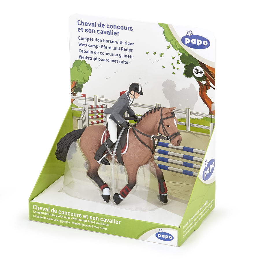 Figurine Cheval de concours et son cavalier Papo en PVC, Collection chevaux, jouet éducatif idéal pour enfants et collectionneurs